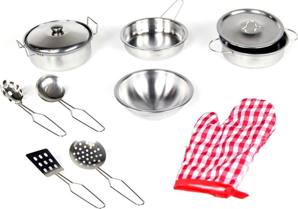SET CUCINA GIOCATTOLI PER BAMBINI IN METALLO 10PZ CON PENTOLE MESTOLI E GUANTO - 2