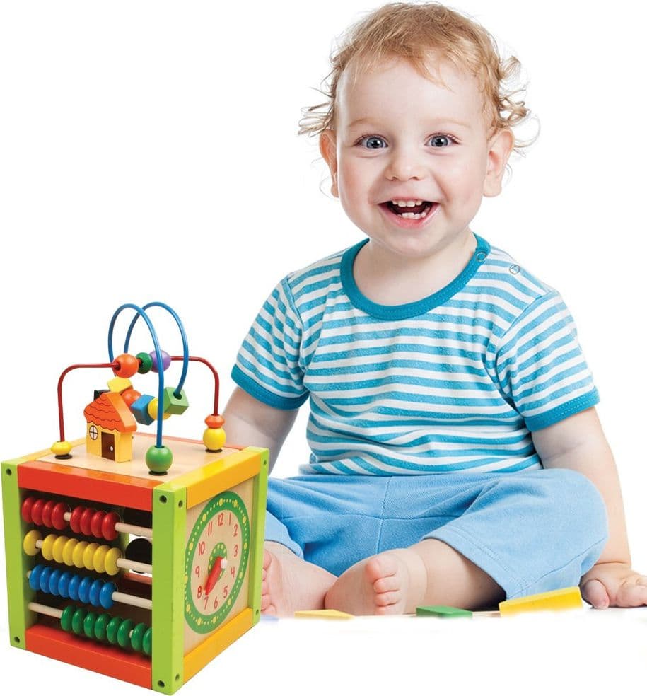 GIOCATTOLO CUBO ATTIVITA PER BAMBINI IN LEGNO CON GIOCO PALLOTTOLIERE ABACO 16CM - 2
