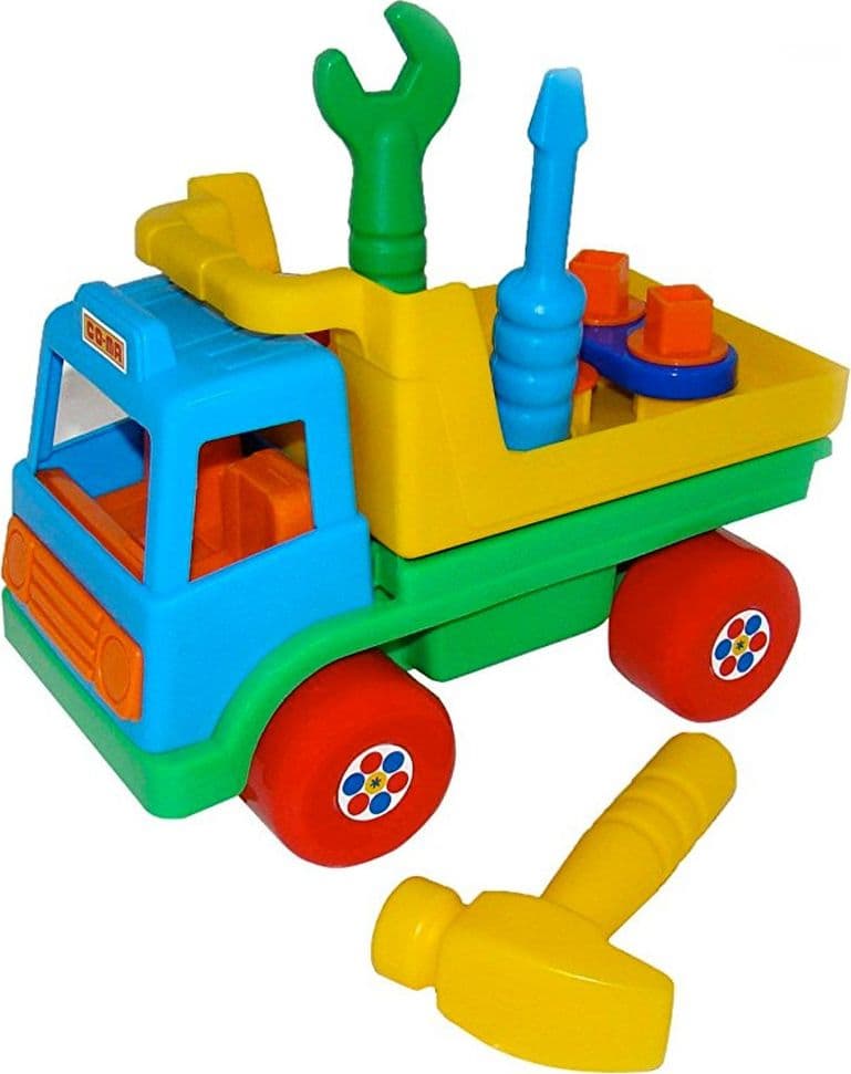 CAMION GIOCATTOLO TRAMPOLIERE SCALA 1:16 CON CACCIAVITE MARTELLO E CHIAVE - 3