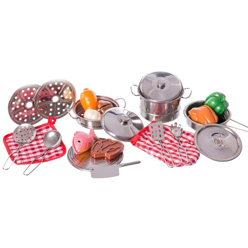 SET CUCINA GIOCATTOLI BAMBINI IN METALLO 23PZ CON PENTOLE MESTOLI E ACCESSORI - 2