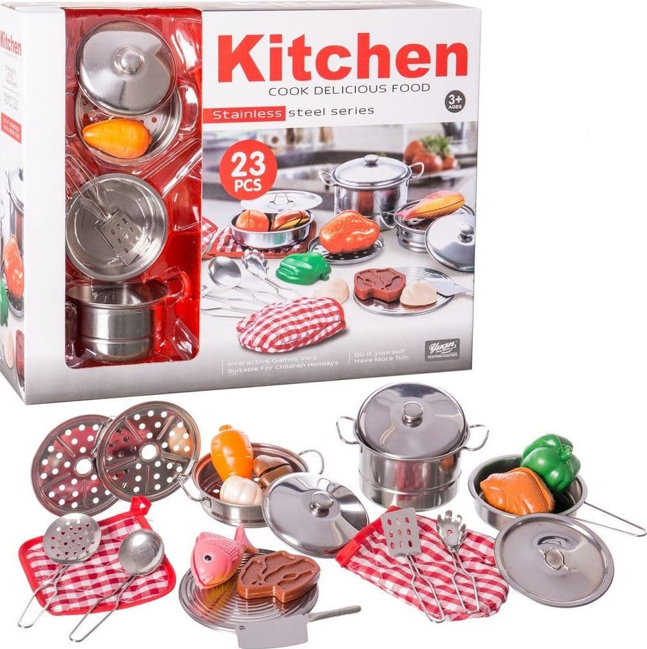 SET CUCINA GIOCATTOLI BAMBINI IN METALLO 23PZ CON PENTOLE MESTOLI E ACCESSORI - 3