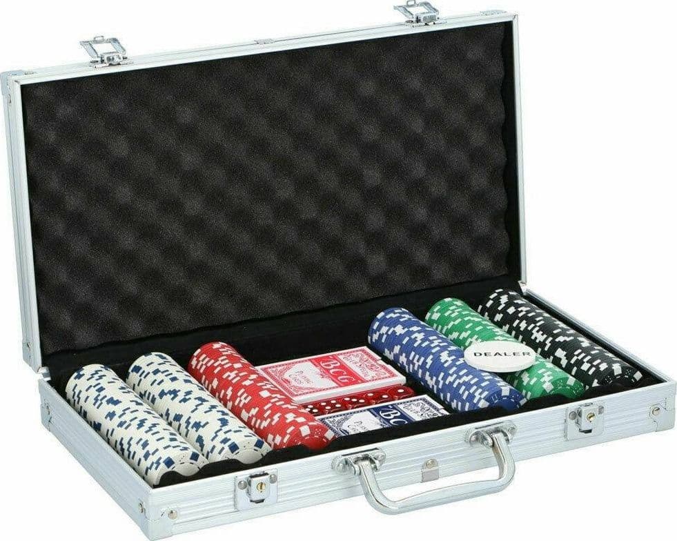 SET VALIGETTA DA POKER CONFEZIONE 300 FICHES 2 MAZZI DI CARTE 5 DADI