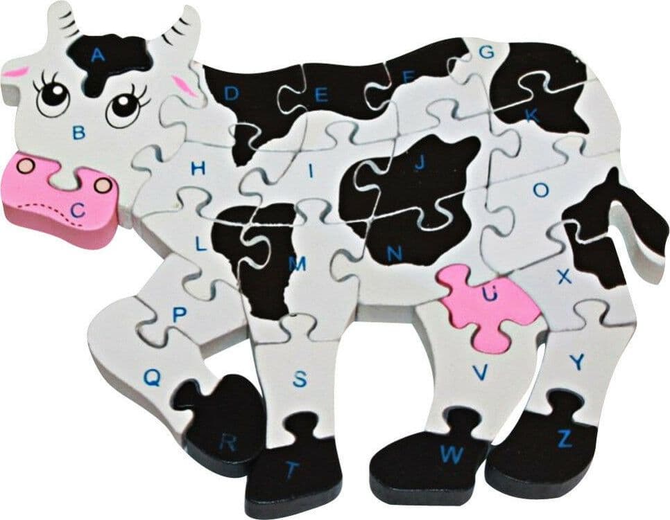 3D PUZZLE LEGNO FORMA MUCCA EDUCATIVO LETTERE ALFABETO BAMBINI IMPARARE - 1