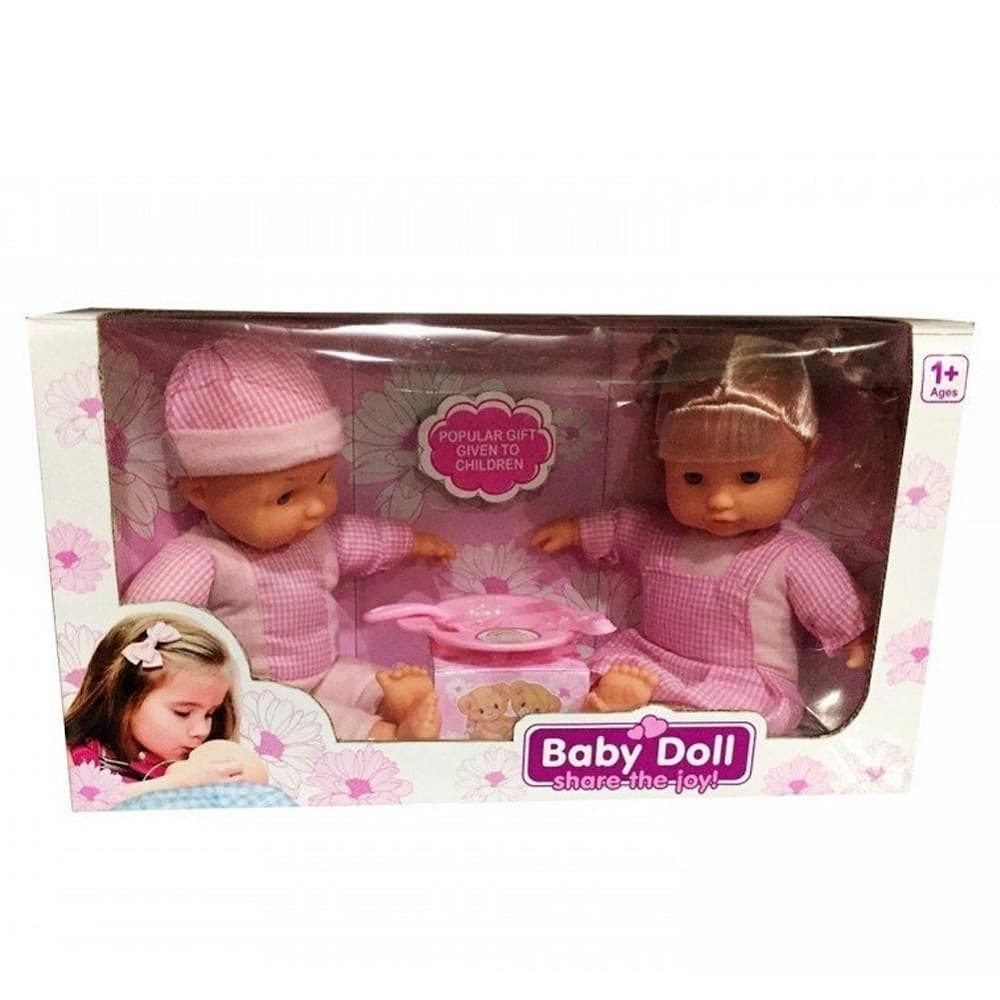 BAMBOLOTTI GEMELLI BOY E GIRL CON ACCESSORI PAPPA E VESTITINI IN TESSUTO ROSA