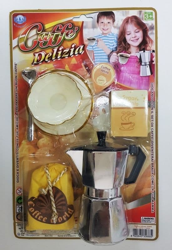 MOKA CAFFETTIERA TAZZA CON PIATTO CUCCHIAIO CAFFE' ZUCCHERO LATTE GIOCO BAMBINE