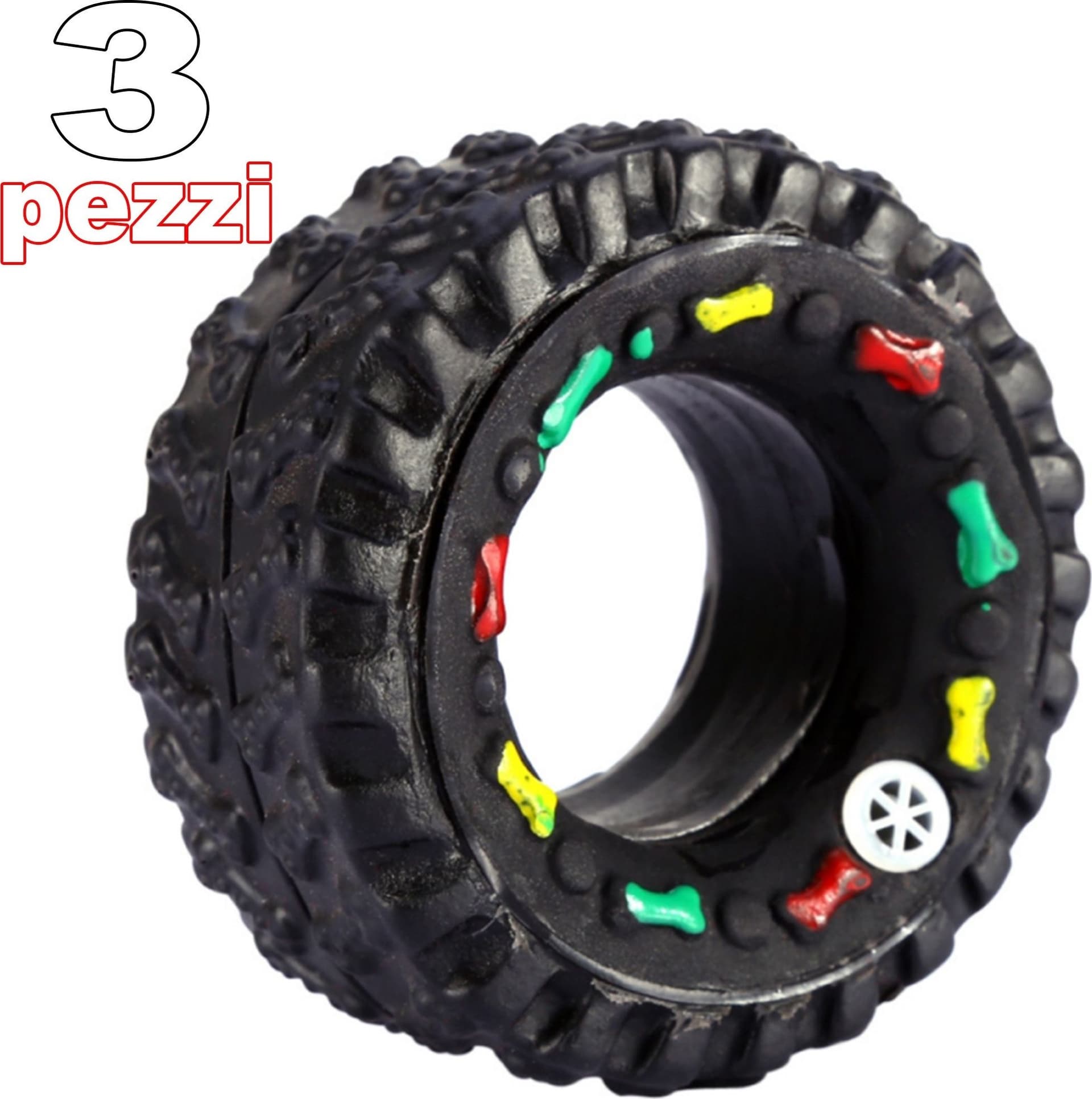 3 GIOCATTOLO RUOTA PNEUMATICO GOMMA SUONO RESISTENTE DA MASTICARE PER CANI - 2