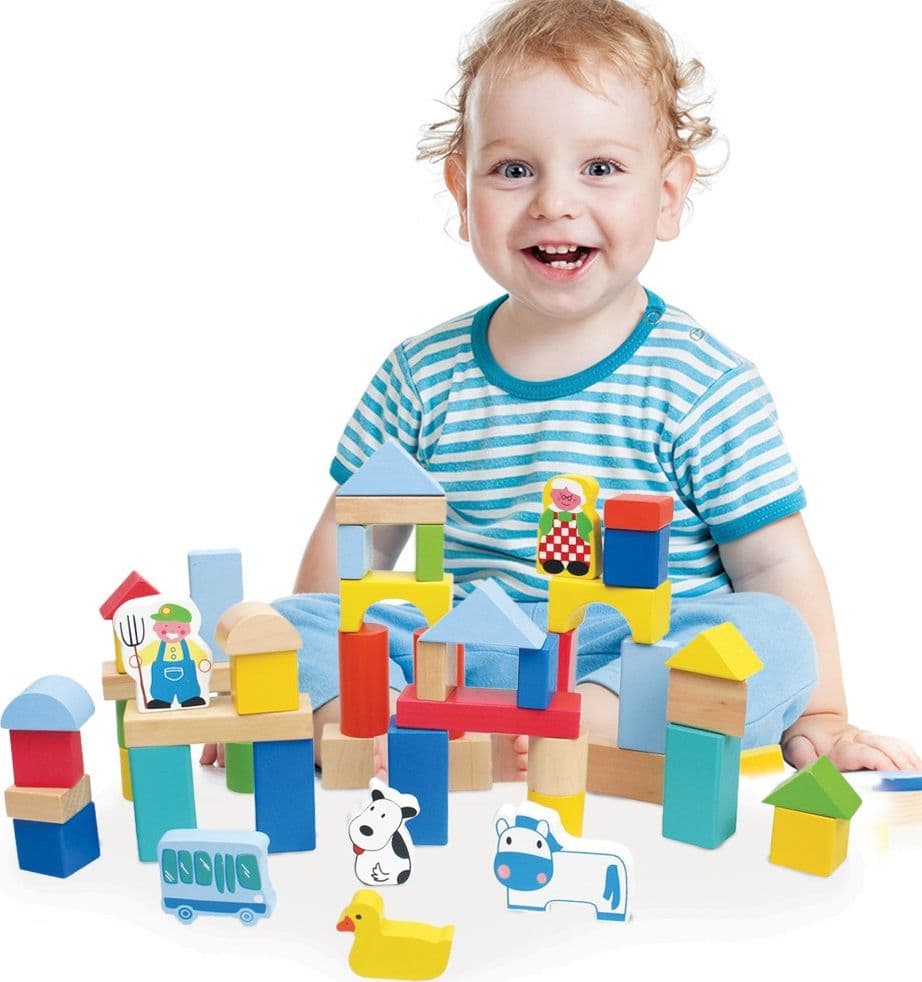 COSTRUZIONI IN LEGNO 50PZ BLOCCHI MATTONCINI COSTRUZIONE BAMBINI CON CONTENITORE - 2