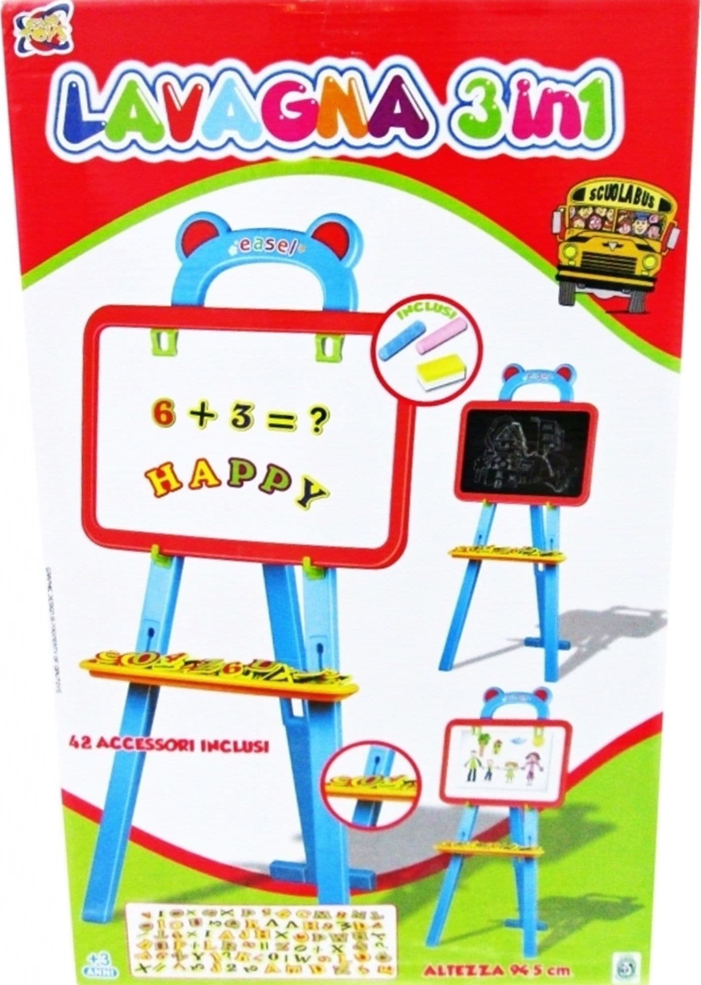 LAVAGNA 3IN1 42PZ CAVALLETTO 94,5CM GESSETTI LETTERE NUMERI BAMBINI EDUCATIVA