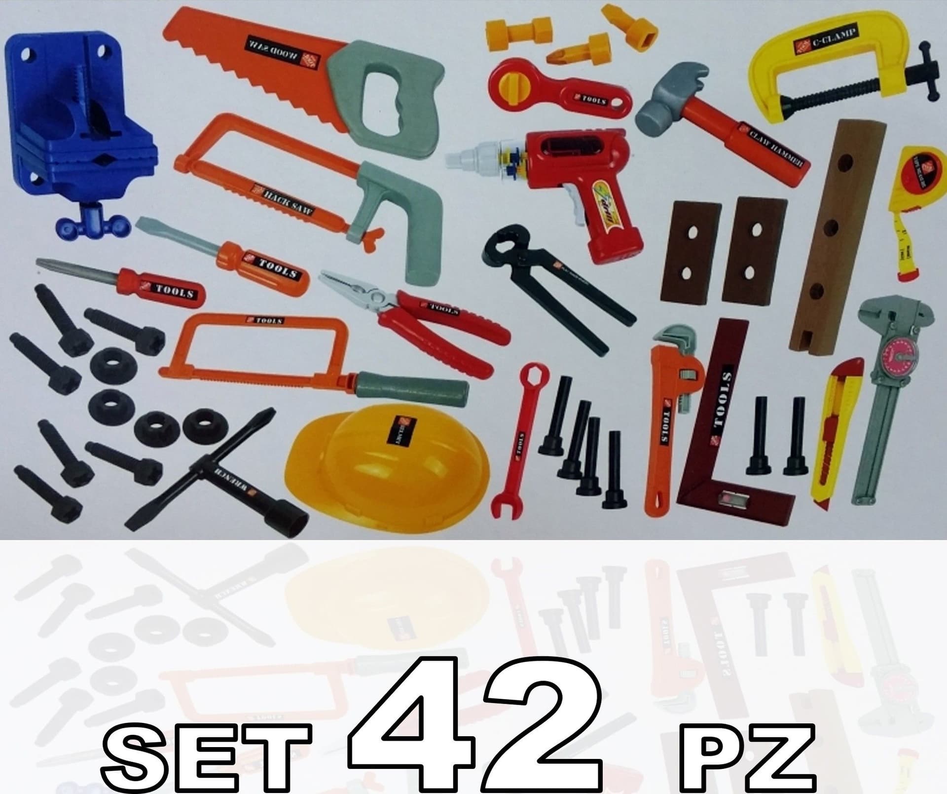 SET 42 PEZZI ATTREZZI DA LAVORO ELMETTO TRAPANO SEGA GIOCO GIOCATTOLO ETA' 3+