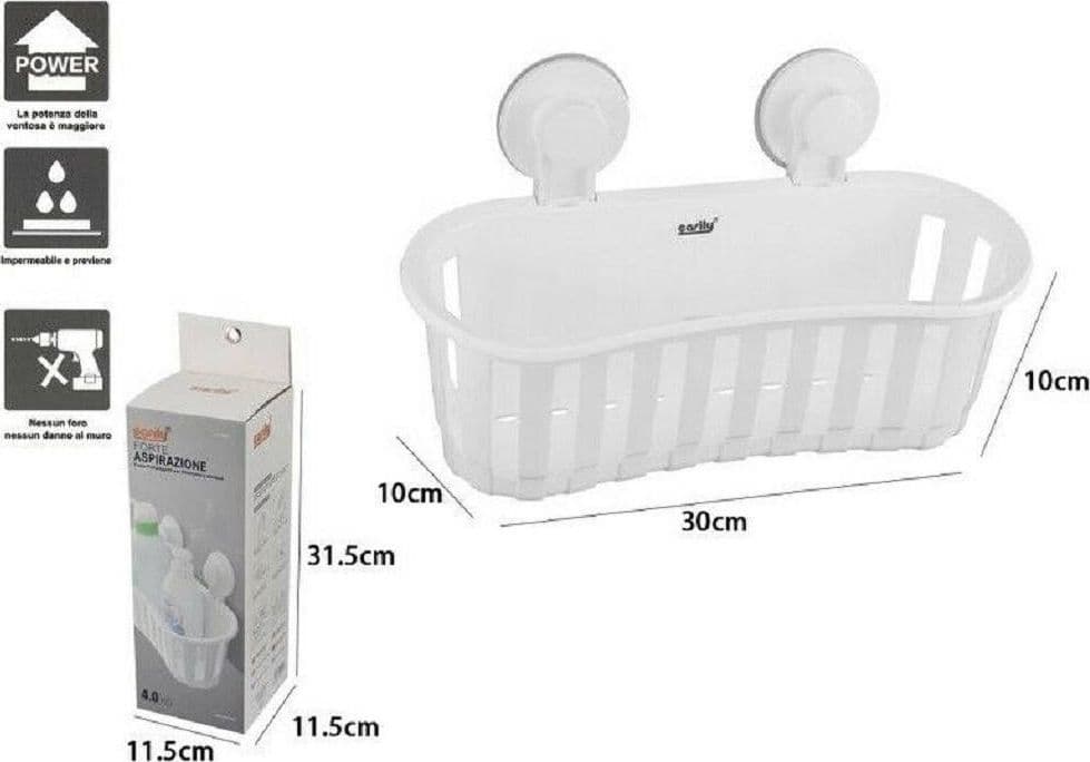 CESTO CONTENITORE PORTA OGGETTI A VENTOSA BIANCO ACCESSORI BAGNO 30X10CM 59553 - 2