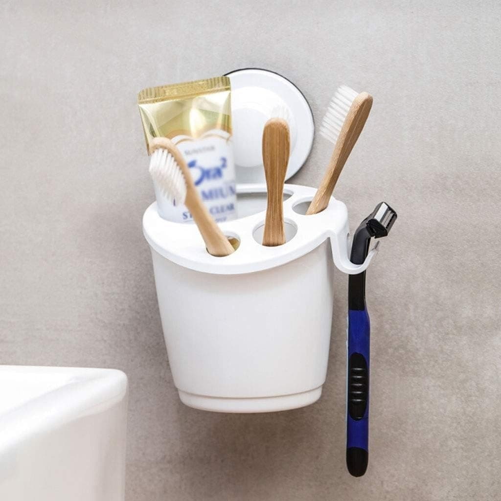 PORTA SPAZZOLINI DENTIFRICIO A VENTOSA BIANCO CONTENITORE PARETE BAGNO 59541 - 7