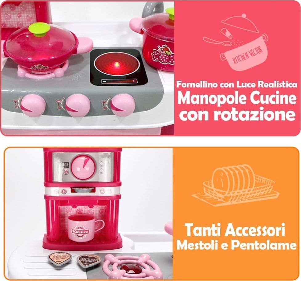 CUCINA PER BAMBINE GIOCATTOLO 31 ACCESSORI CON STOVIGLIE LUCI SUONI ALTEZZA 70CM - 4