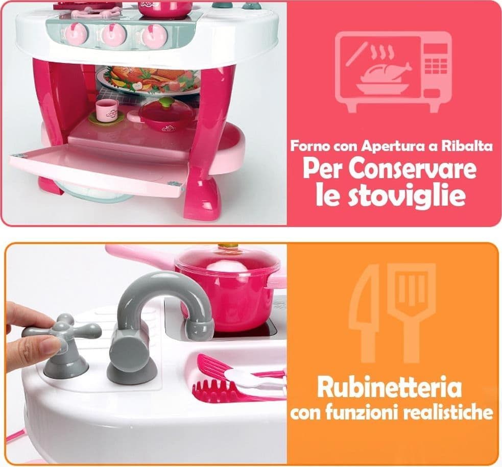 CUCINA PER BAMBINE GIOCATTOLO 31 ACCESSORI CON STOVIGLIE LUCI SUONI ALTEZZA 70CM - 5
