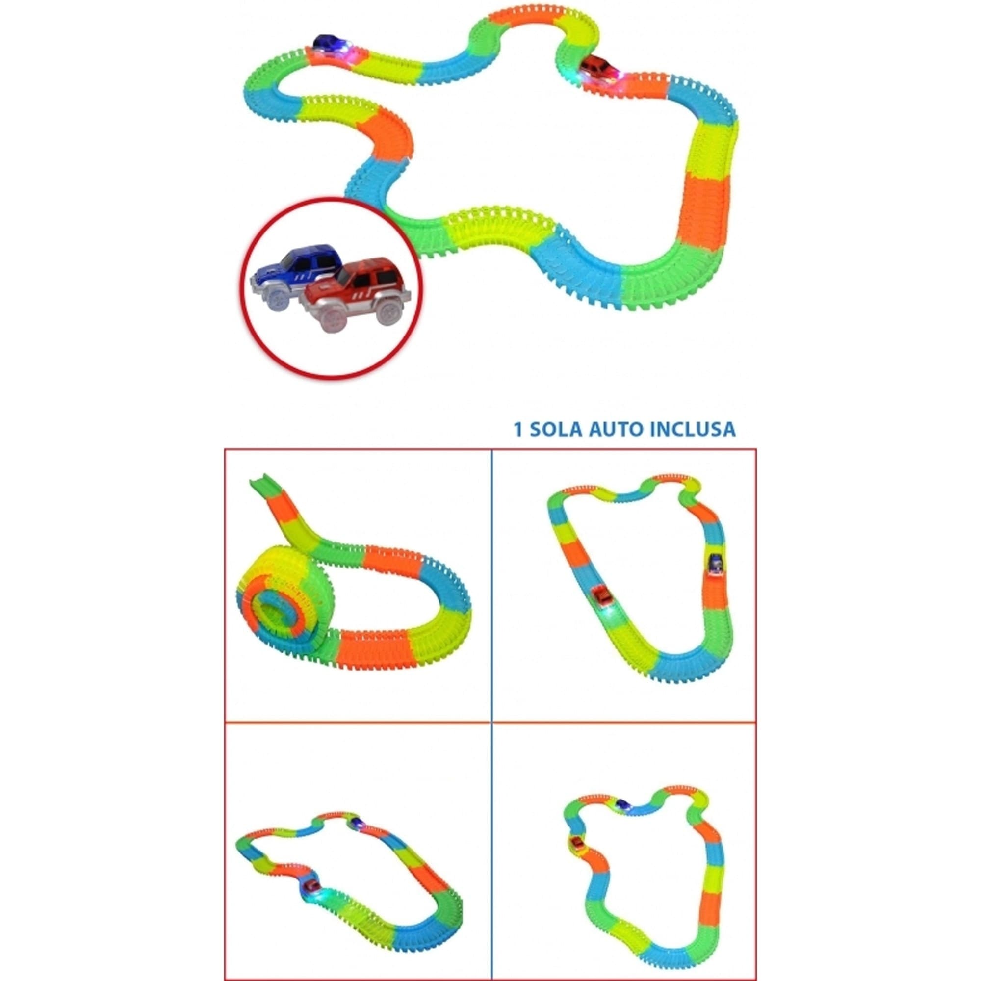 PISTA FLESSIBILE COMPONIBILE MAGIC TRACKS CORSA AUTO LUCI INCLUSA GLOW DARK