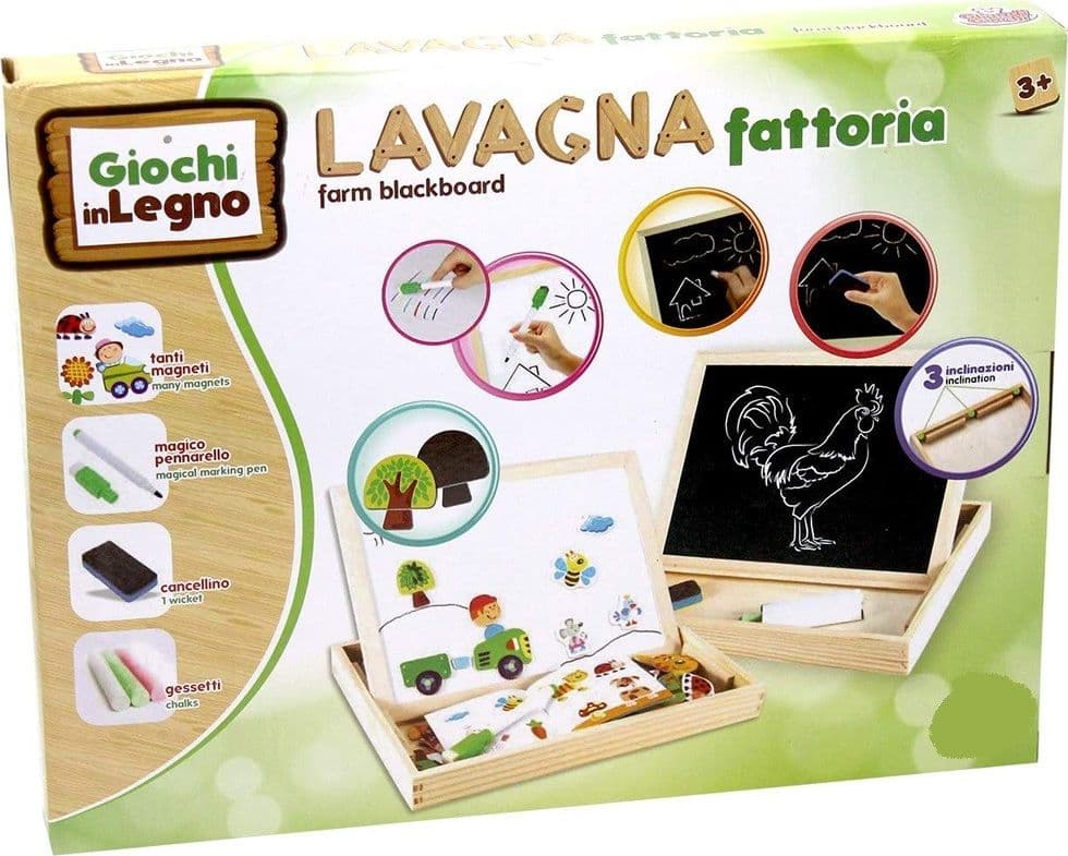 SCATOLA LAVAGNA IN LEGNO 2 LATI GESSETTI PENNARELLI E MAGNETI ANIMALI FATTORIA - 2