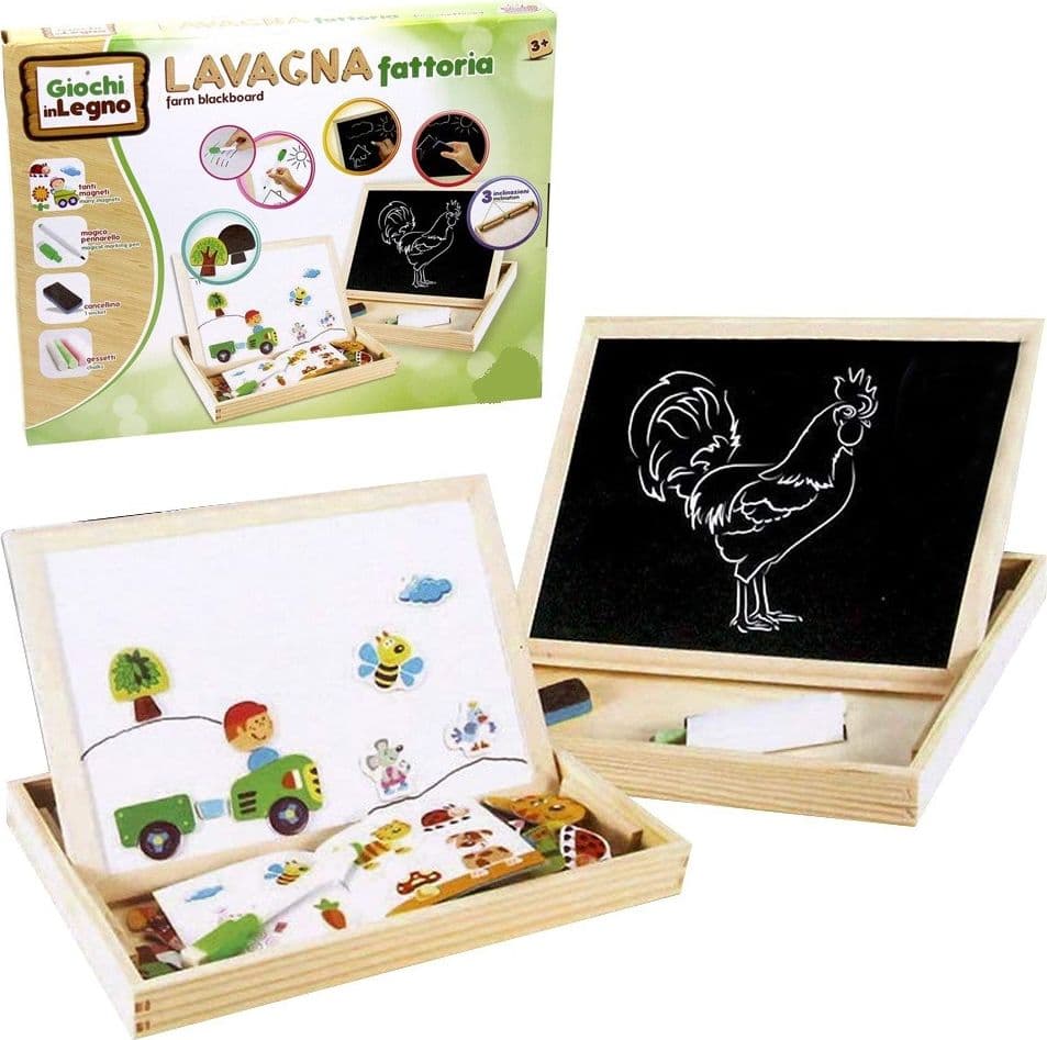 SCATOLA LAVAGNA IN LEGNO 2 LATI GESSETTI PENNARELLI E MAGNETI ANIMALI FATTORIA - 3