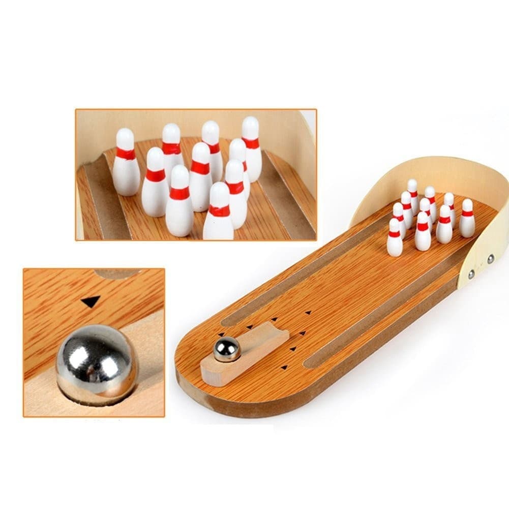 MINI BOOWLING GIOCO DA TAVOLO IN LEGNO CON 10 BIRILLI E PALLA IN METALLO - 2