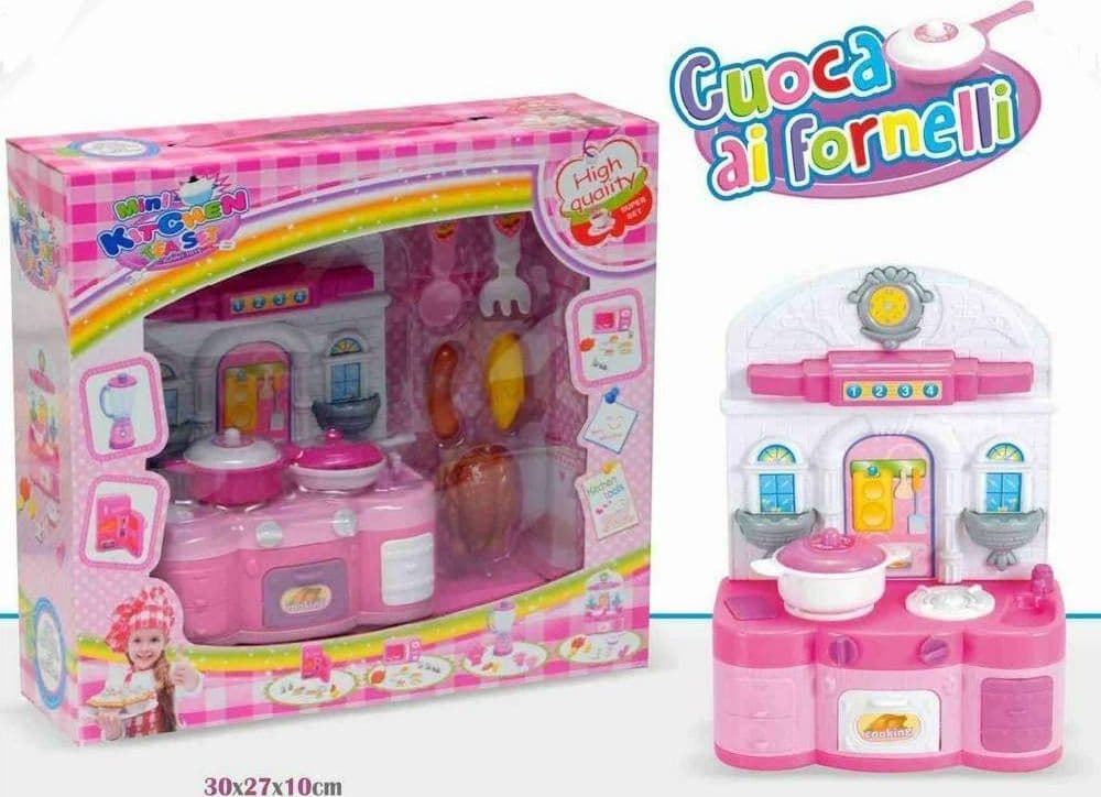 CUOCA AI FORNELLI CUCINA CON PENTOLE STOVIGLIE ALIMENTI GIOCATTOLO GIOCO BAMBINA