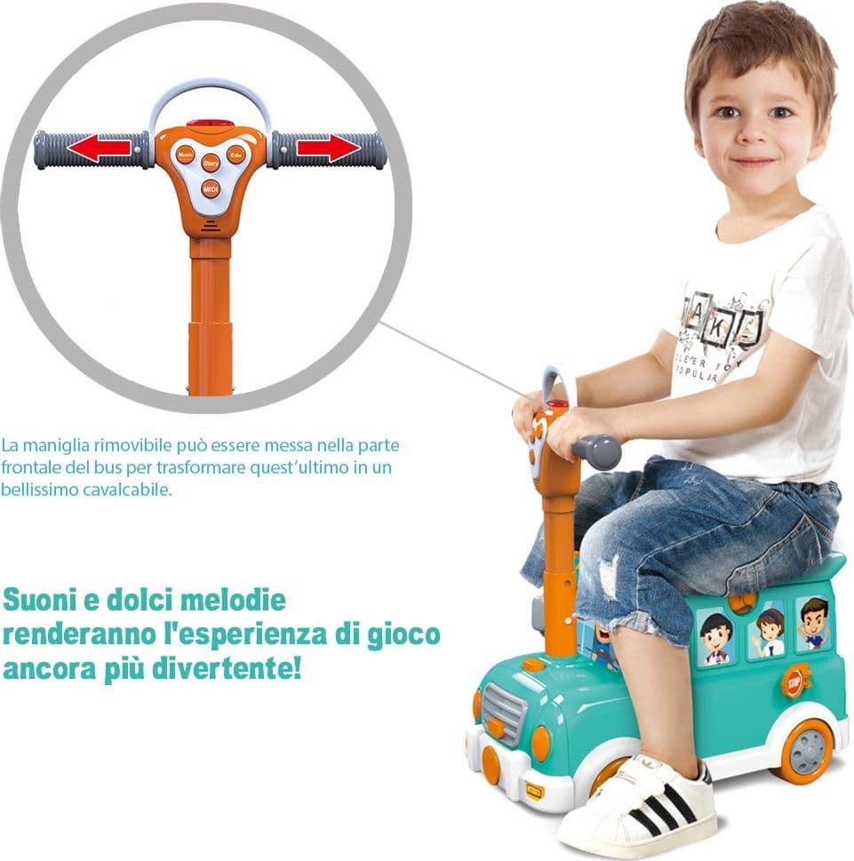 CAVALCABILE TROLLEY SCHOOLBUS SUPERMERCATO GIOCATTOLO BAMBINI 3IN1 LUCI SUONI - 2