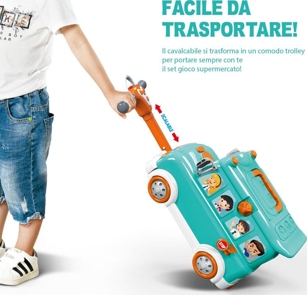CAVALCABILE TROLLEY SCHOOLBUS SUPERMERCATO GIOCATTOLO BAMBINI 3IN1 LUCI SUONI - 4
