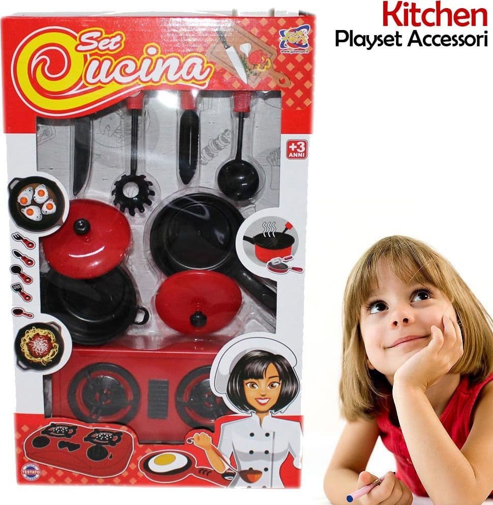 SET CUCINA PER BAMBINE 7PZ CON PIANO COTTURA STOVIGLIE PENTOLE E ACCESSORI GIOCO - 2