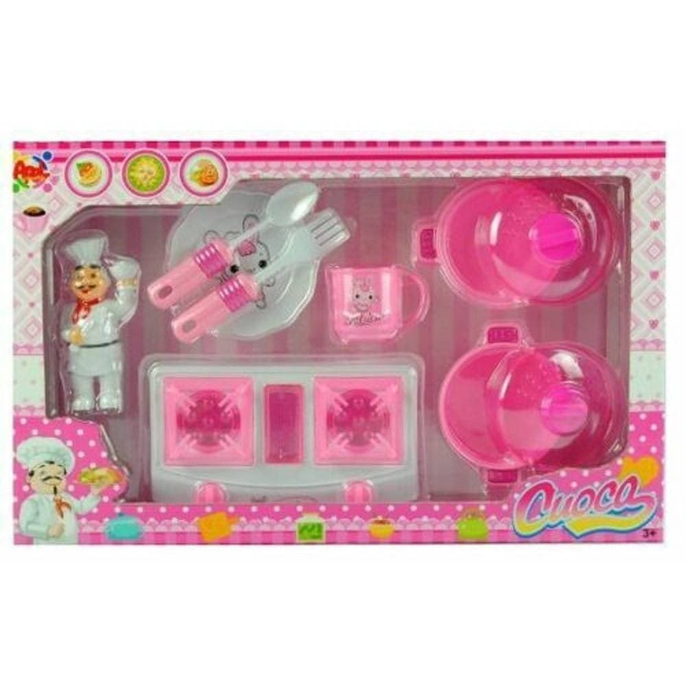 CUOCA MISS CHEF FORNELLO PENTOLE PIATTO CON POSATE GIOCATTOLO GIOCO BAMBINA