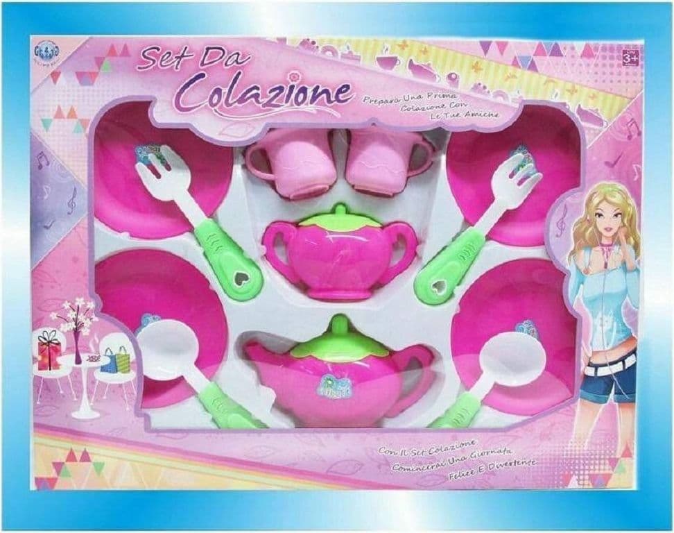 SET DA COLAZIONE CON TEIERA PIATTINI TAZZINE POSATE GIOCATTOLO GIOCO BAMBINA