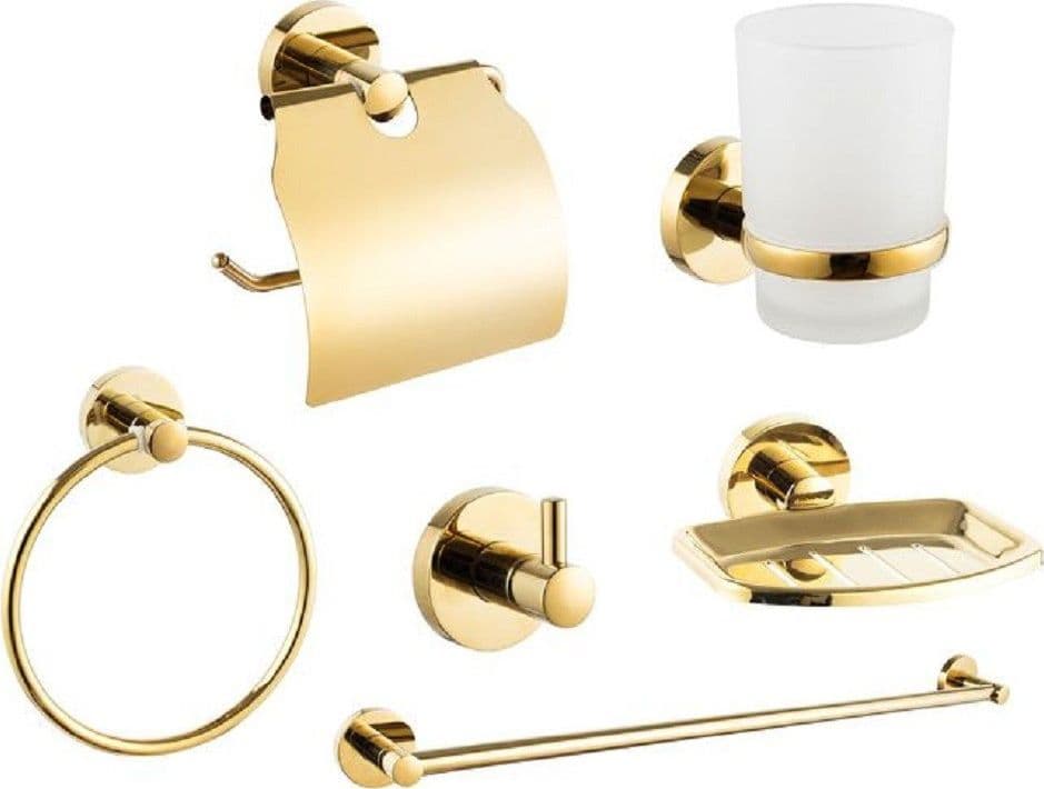 SET BAGNO 6ACCESSORI DORATO PORTA ASCIUGAMANO ROTOLO BICCHIERE SPAZZOLINO 59681A - 2