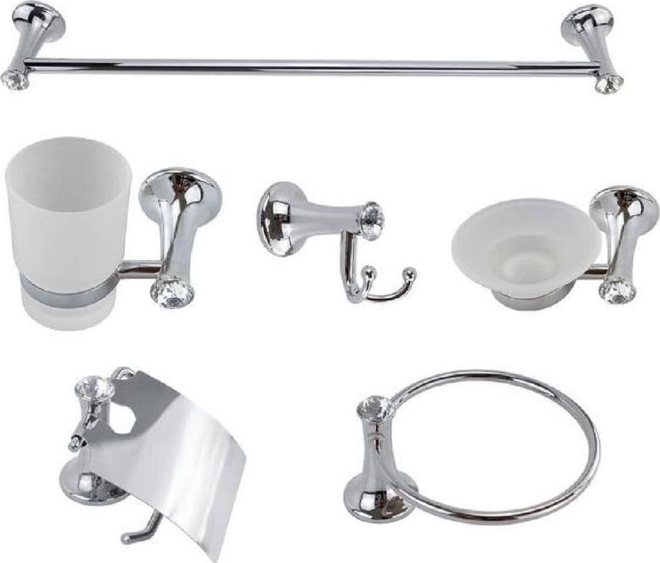 SET BAGNO 6 PZ ACCIAIO E VETRO PUNTI LUCE CRISTALLI PORTA ROTOLO SAPONETTA 52437 - 2