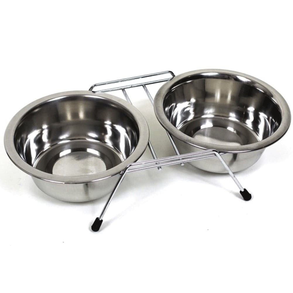 CIOTOLA DOPPIA PER CANI 16 CM CON SUPPORTO CIBO ACQUA CROCCHETTE ACCIAIO - 2