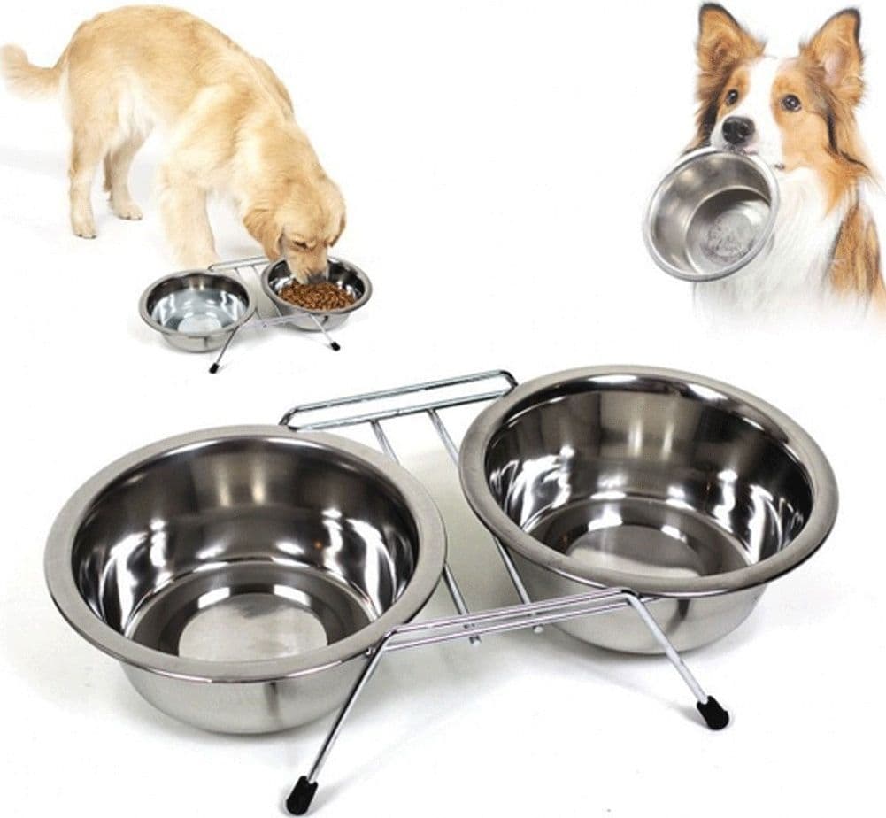 CIOTOLA DOPPIA PER CANI 16 CM CON SUPPORTO CIBO ACQUA CROCCHETTE ACCIAIO - 3