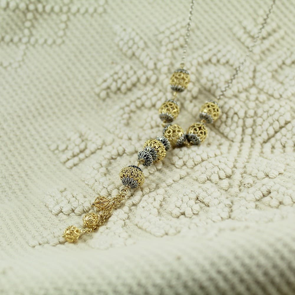 Collana lunga argento filigrana sarda sfere dorate e brunite - 3