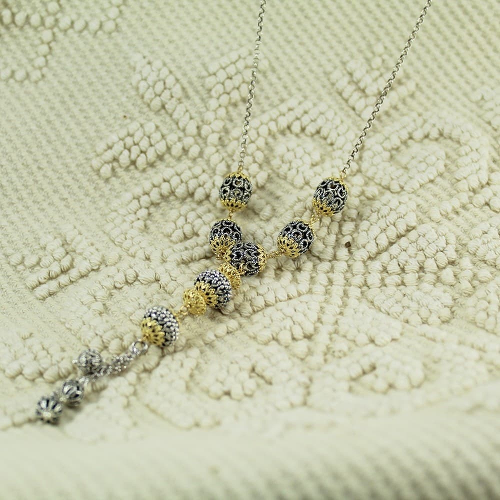 Collana Lunga Filigrana Sarda Argento e Sfere Dorate - 3