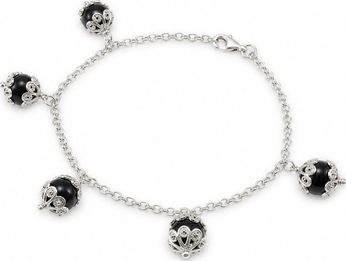 Bracciale Su Coccu in Argento 925 con 5 Sfere in Onice