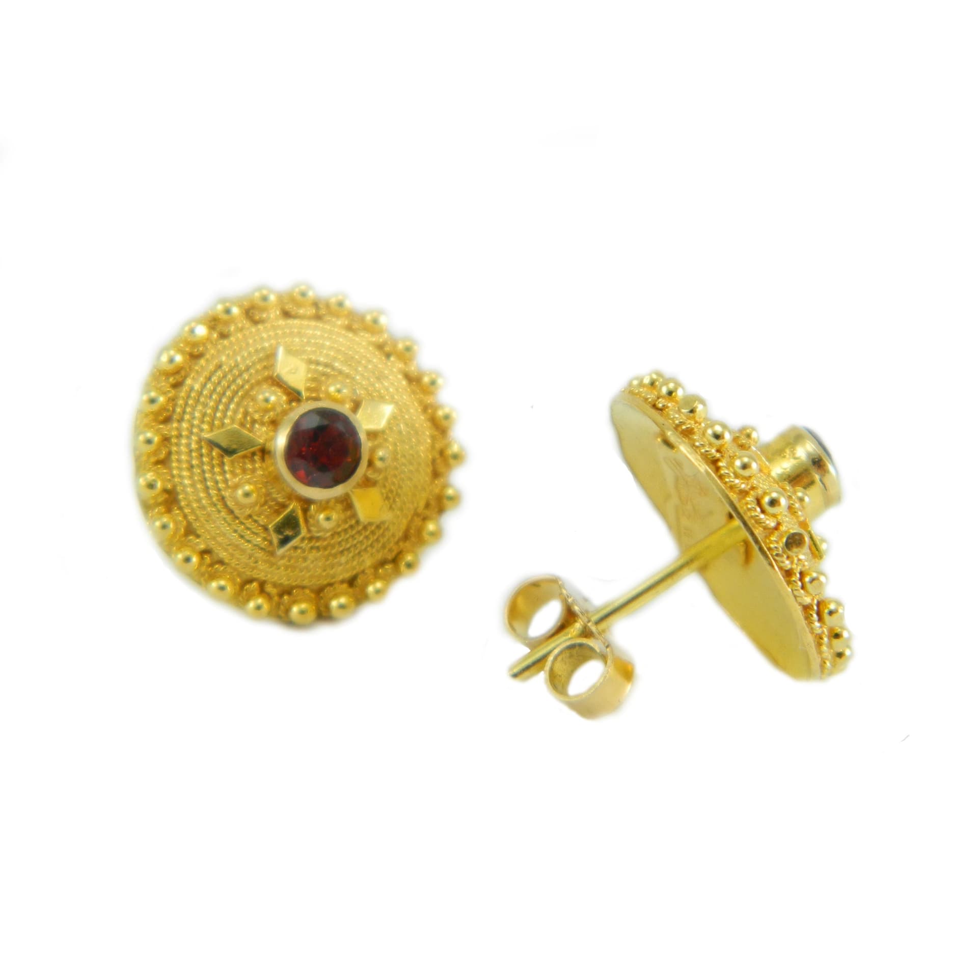 Orecchini Filigrana Sarda Bottone Oro e Pietra Rossa - 2
