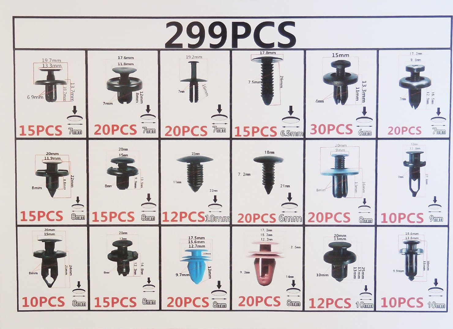299PZ PLASTICA TRIM CLIP RIVETTI CLIP KIT FERMI DI SPINTA AUTO ABITACOLO ESTERNI - 3