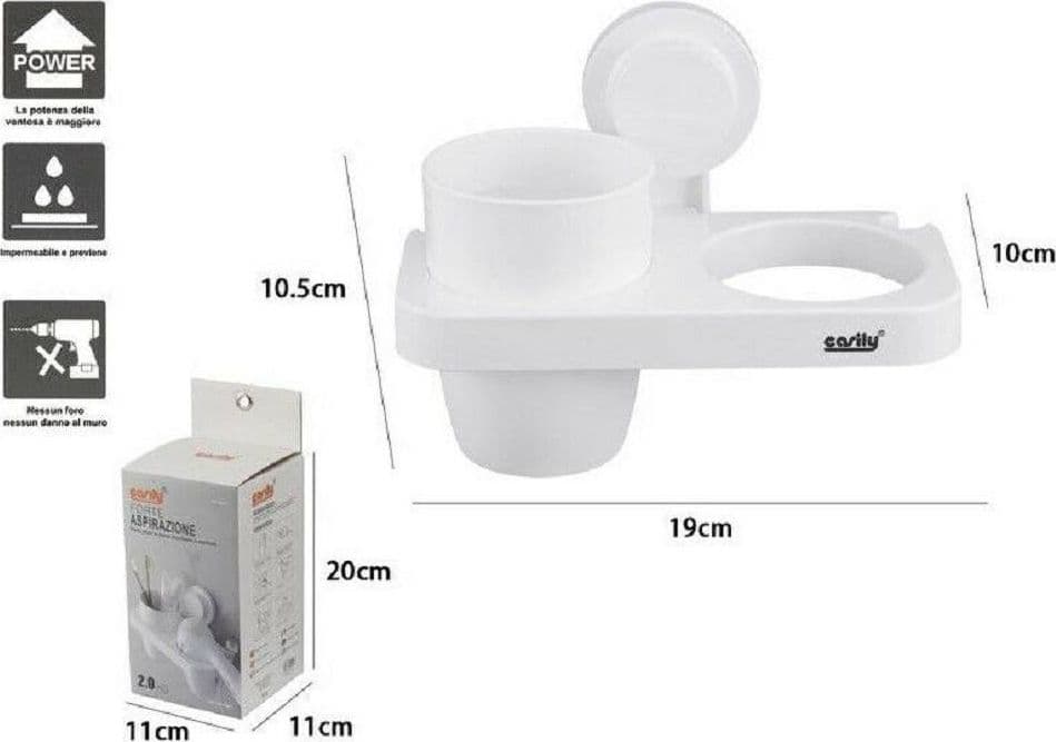 PORTA PHON CON BICCHIERE PORTA SPAZZOLINI A VENTOSA BIANCO ACCESSORI BAGNO 59547 - 2