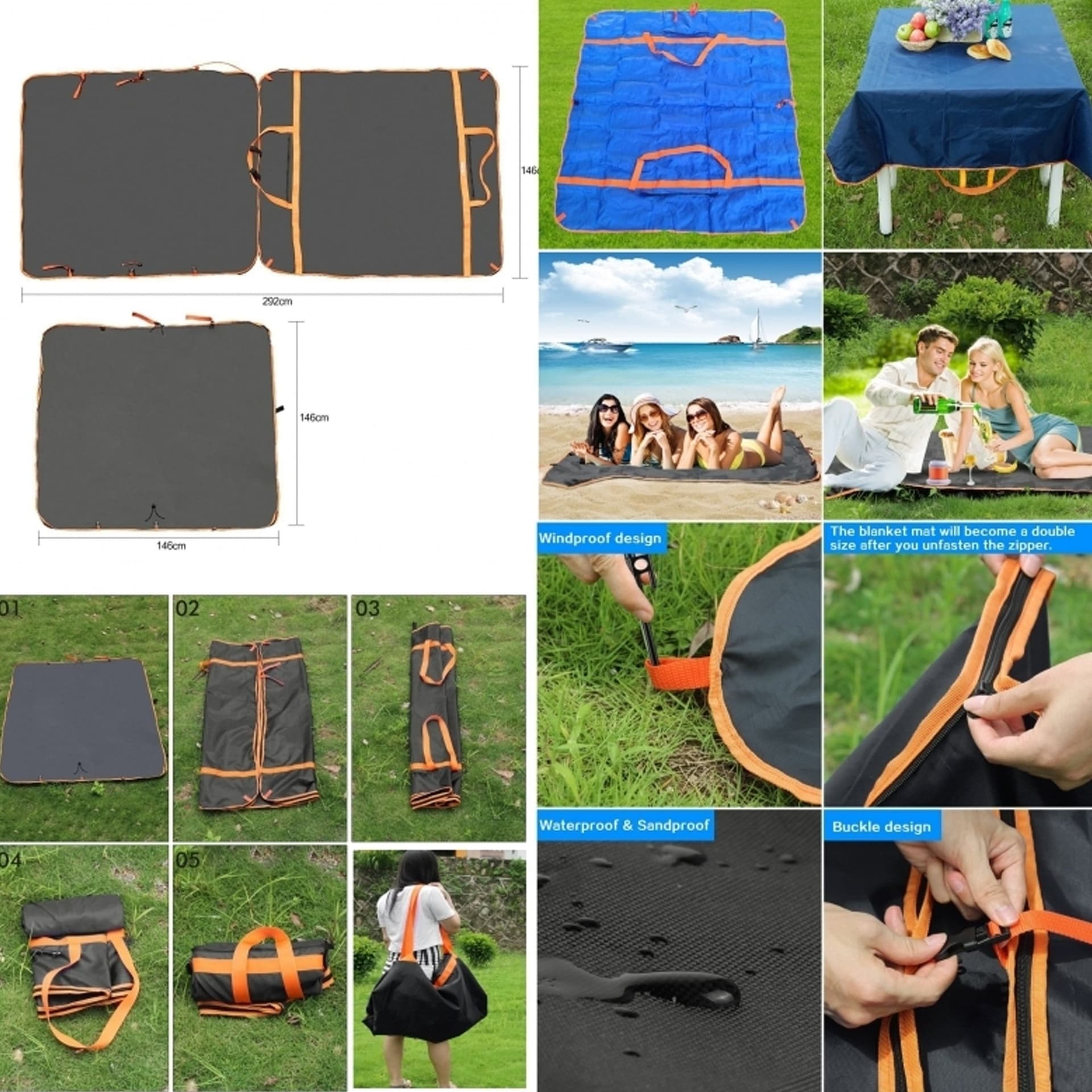 TELO TAPPETO IMPERMEABILE PICNIC PIEGHEVOLE BORSA COPERTA MARE CAMPEGGIO VIAGGIO