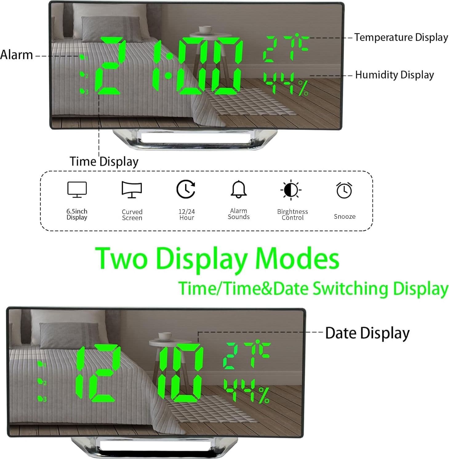 OROLOGIO SVEGLIA DIGITALE CON DATARIO TERMOMETRO DISPLAY A SPECCHIO DA TAVOLO - 4