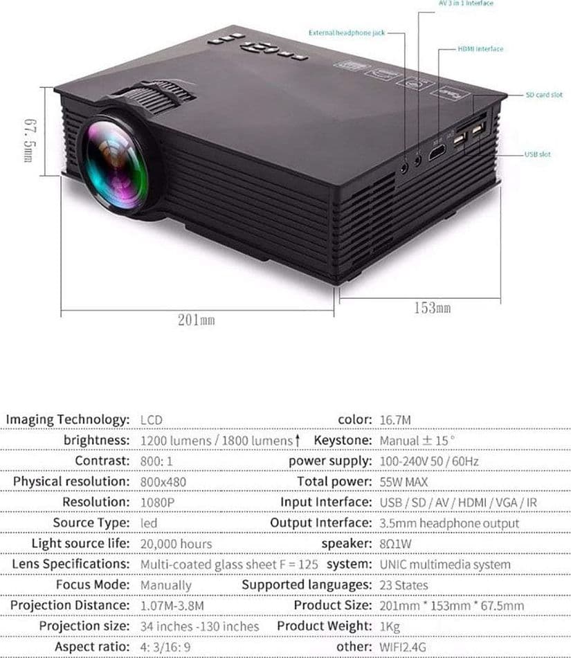 VIDEO PROIETTORE VIDEOPROIETTORE LED WIFI 1200 LUMENS HD PORTATILE 130" SD USB - 2