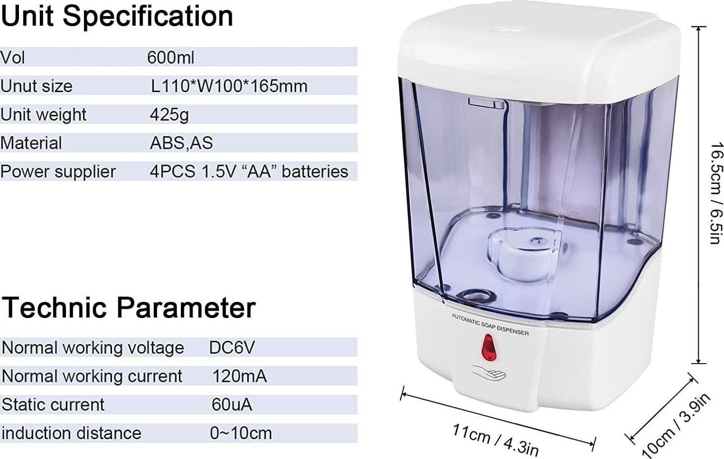 DISPENSER EROGATORE DOSATORE SAPONE AUTOMATICO INFRAROSSI CON FOTOCELLULA 600ML - 4