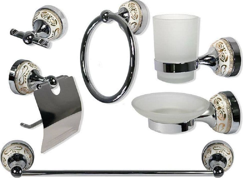 SET BAGNO 6PZ ACCIAIO VETRO CERAMICA DECORAZIONI ORO PORTAROTOLO SAPONETTA 52436 - 2