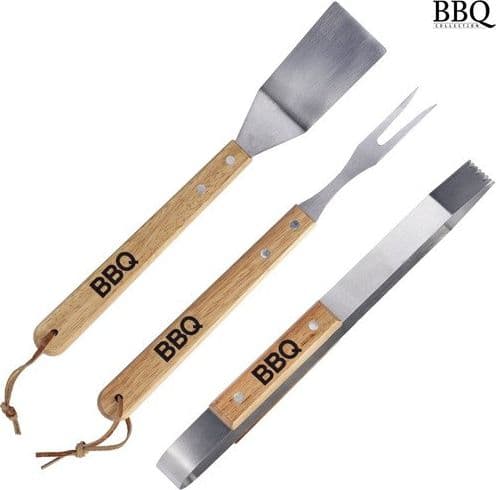 SET 3 PEZZI UTENSILI BARBECUE IN ACCIAIO E LEGNO ACCESSORI ATTREZZI BBQ TOOLS - 2