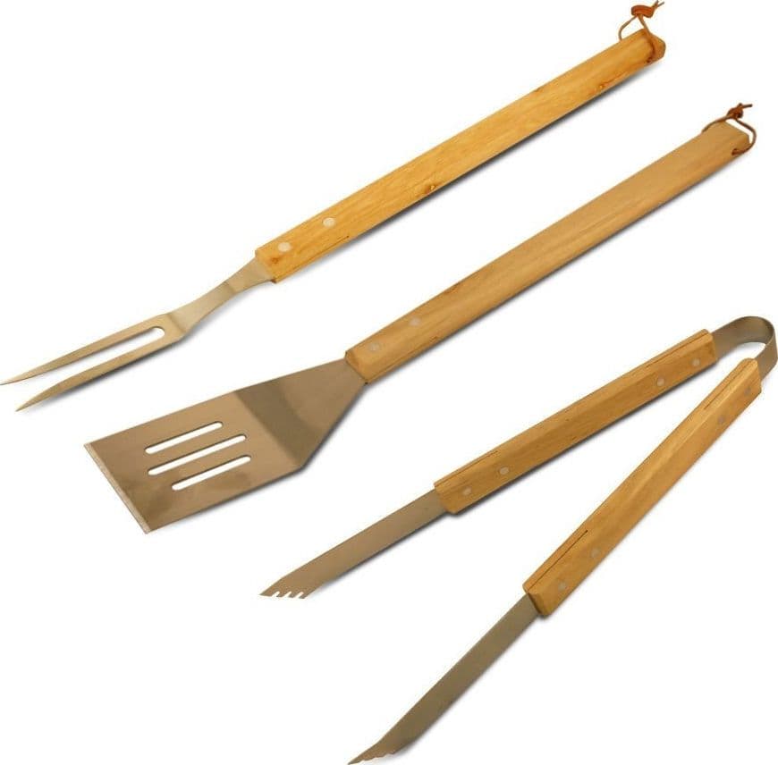 SET 3 PEZZI UTENSILI BARBECUE IN ACCIAIO E LEGNO ACCESSORI ATTREZZI BBQ TOOLS - 3