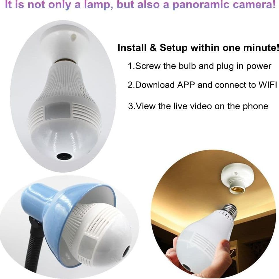 TELECAMERA IP WIFI LAMPADINA LED OCCHIO CAMERA NASCOSTA SPIA E27 180° PANORAMICA - 7