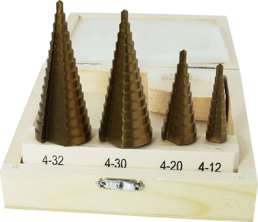 SET 4 PUNTE FRESE CONICHE SCALINO GRADINI ALLARGAFORI 4-32 4-30 4-20 4-12 - 3