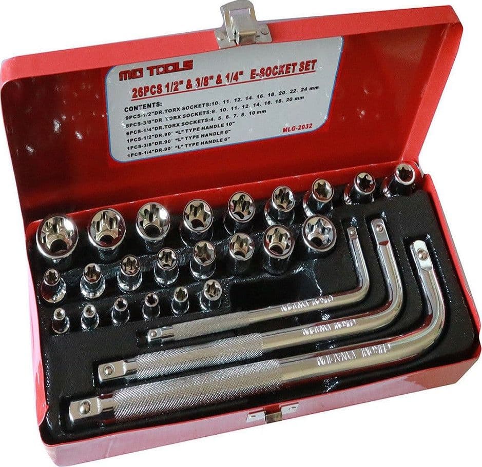 26 CHIAVI BUSSOLE TORX FEMMINA E4-E24 PROLUNGHE ATTACCO 1/2" 1/4" 3/8"