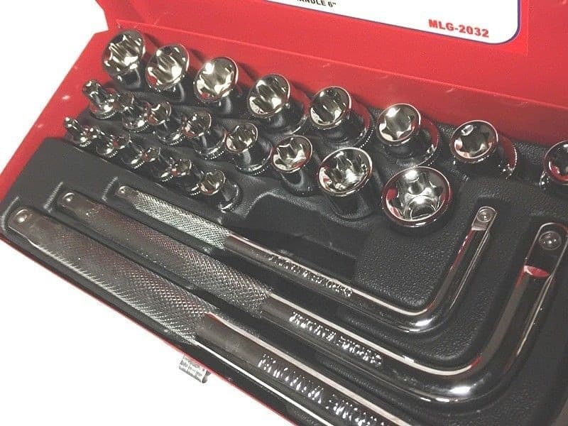 26 CHIAVI BUSSOLE TORX FEMMINA E4-E24 PROLUNGHE ATTACCO 1/2" 1/4" 3/8" - 3