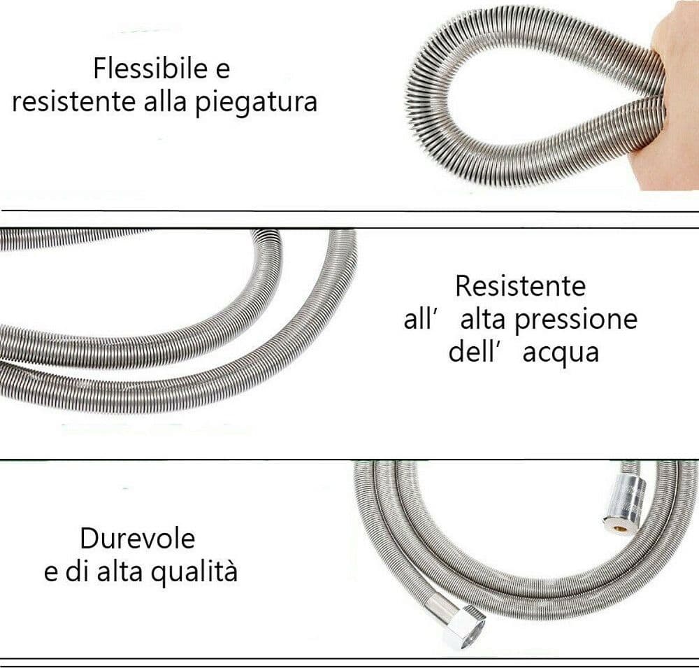 TUBO FLESSIBILE SOFFIONE DOCCINO PER DOCCIA VASCA BAGNO 2.5MT IN ACCIAIO CROMATO - 2
