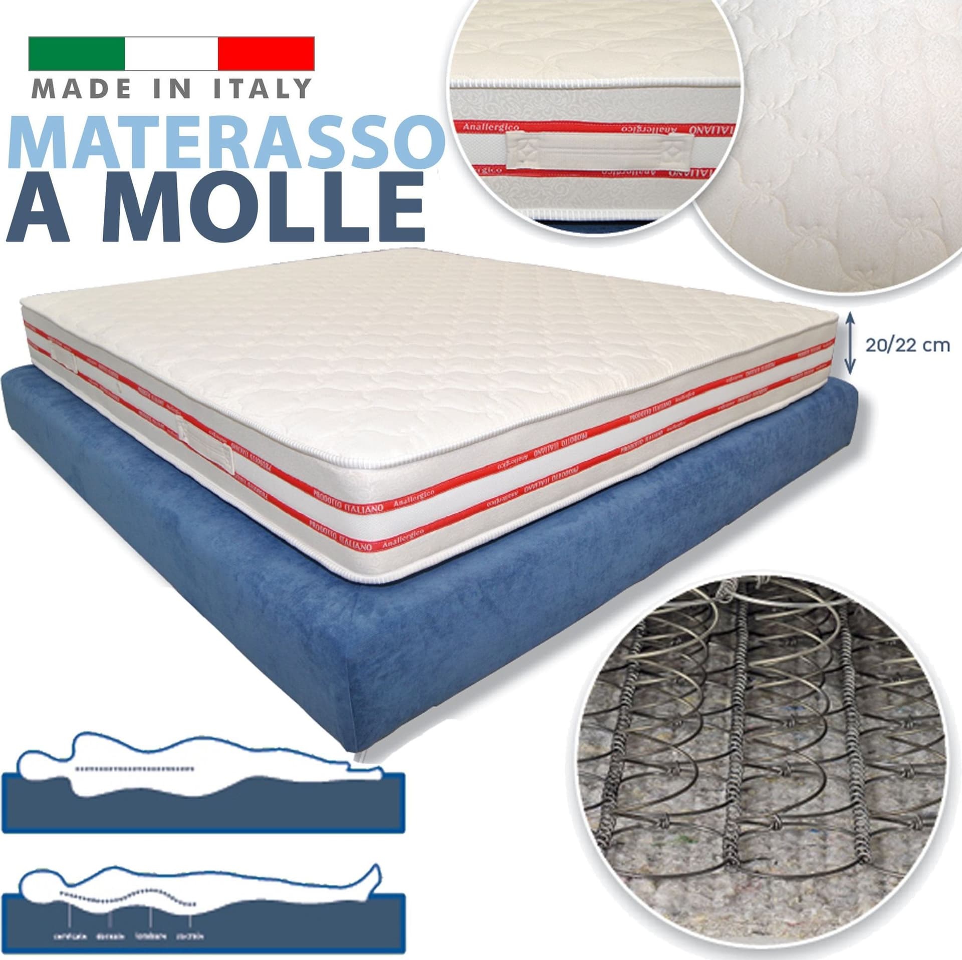 MATERASSO A MOLLE BONNEL ALTO 22 CM LOSANGATO JACQUAD ANTI ACARO ANALLERGICO - 2